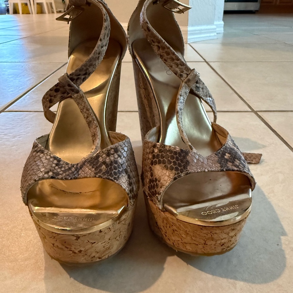 Jimmy Choo Taupe Snake-Print Cork Platform Sandals with Gold Footbed